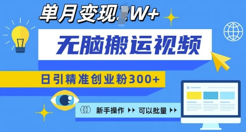 无脑搬运视频号可批量复制，新手即可操作，日引精准创业粉300+，月变现过W 【揭秘】-圆梦资源网