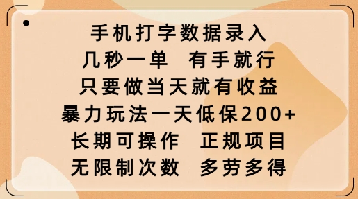 手机打字数据录入，几秒一单，有手就行，只要做当天就有收益，暴力玩法一天低保2张-圆梦资源网